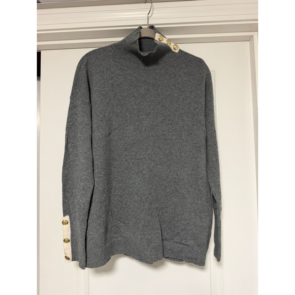 Lauren Ralph Lauren, Gray Cashmere Turtleneck W/cream Trim & Gold Buttons, Med